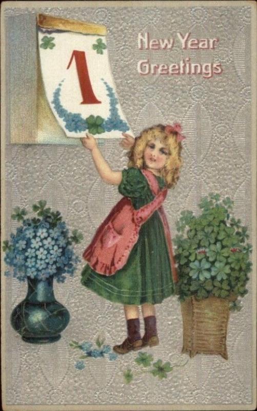 New Year - Little Girl Turning Calendar Page c1910 Postcard