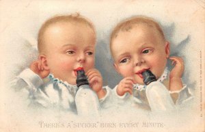 THERE'S A SUCKER BORN EVERY MINUTE BABIES COMIC EMBOSSED POSTCARD (c. 1910)