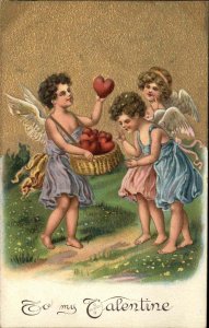 Valentine Boy and Girl Cupids Basket of Hearts Fantasy Embossed c1910 Postcard