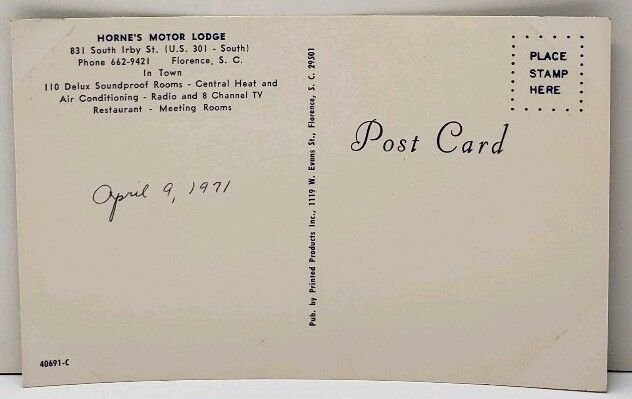 Florence S.C. HORNE'S MOTOR LODGE Postcard F6