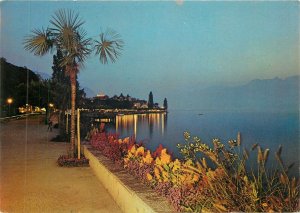 Switzerland Montreux evening sur le quais palm trees Postcard