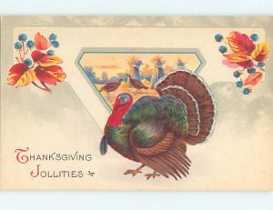 Pre-Linen thanksgiving COLORFUL TURKEYS RUNNING BY THE HAYSTACKS k8922