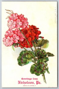 Nicholson Pennsylvania Greetings~Bouquet of Geraniums~c1910 Embossed PC
