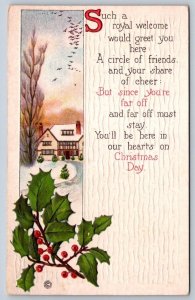 Christmas Day, Holly, Rural Scene, Antique Embossed Stecher Litho Postcard