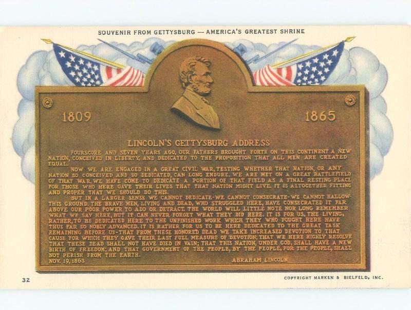 W-Border ABRAHAM LINCOLN CIVIL WAR ADDRESS SIGN ON POSTCARD Gettysburg PA E8137