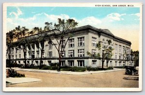 Ann Arbor Michigan~High School~3 Stories~Vintage Auto~HH Hamm~Vintage Postcard