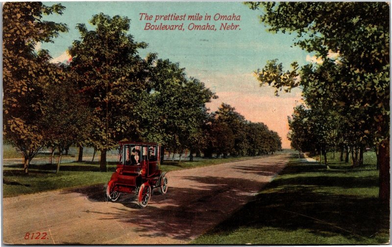 Postcard NE Omaha Prettiest Mile Boulevard antique car