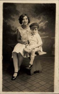 Mother and Little Boy Prop Bench Derby Hat Studio Portrait c1910 RPPC PC