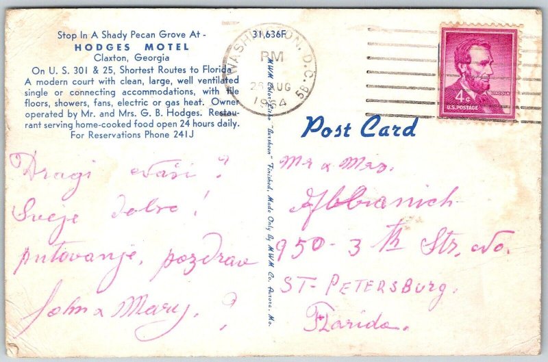 Claxton Georgia 1964 Postcard Hodges Motel
