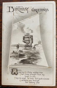 Vintage Victorian Postcard 1901-1910 Birthday Greeting - Sailing Ship with Poem