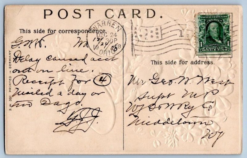 1908 HAPPY NEW YEAR CHERUB CHAMPAGNE SAUCER 4-LEAF CLOVERS SHAMROCKS POSTCARD #1