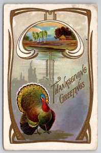 Thanksgiving Greetings Turkey And Country Home Postcard K29