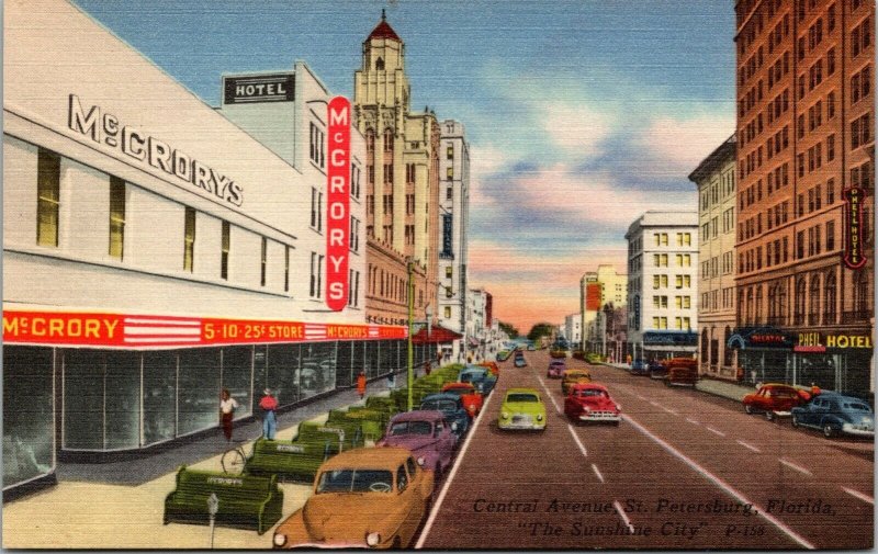 Vtg St Petersburg Central Avenue Street View McCrory Pheil Hotel 1940s Postcard