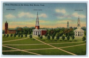 1947 Three Churches On The Green New Haven Connecticut CT Posted Trees Postcard