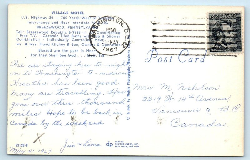BREEZEWOOD, PA Pennsylvania~ VILLAGE MOTEL 1967 Cars Roadside  Postcard 