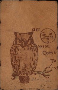 Owl Man in the Moon Real Leather c1910 Vintage Postcard