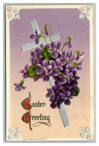 Vintage 1910's Winsch Back Easter Postcard Purple Flowers Silver Cross - NICE