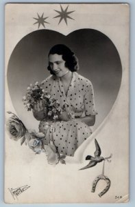 c1930's Smiling Woman With Flowers Horseshoe Bird RPPC Photo Vintage Postcard