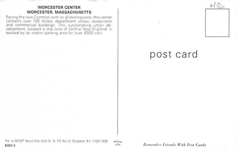 Worcester Center Worcester, Massachusetts MA Postcard