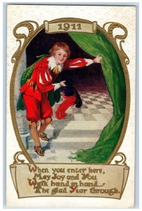 1911 New Year Boy Feather Hat Costume Entrance Embossed Antique Postcard 