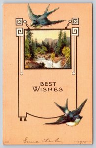 Best Wishes~Birds~Waterfall View Inset~Tan Art Deco Back~~c1910 Vintage Postcard