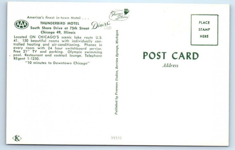 CHICAGO, Illinois IL ~ Roadside THUNDERBIRD MOTEL Pool ca 1960s Postcard