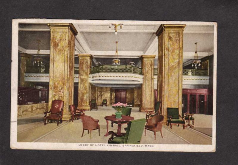 MA Hotel Kimball Lobby Springfield Mass Massachusetts Postcard 1915