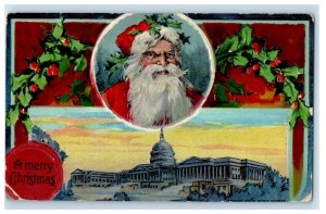 c1910's Christmas Capitol Santa Claus Holly Washington D.C Embossed Postcard 