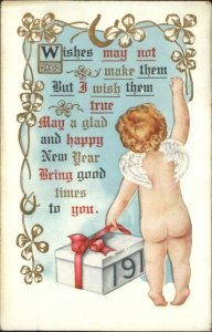 New Year - Bare Butt Cherub Delivering Gift c1910 Postcard