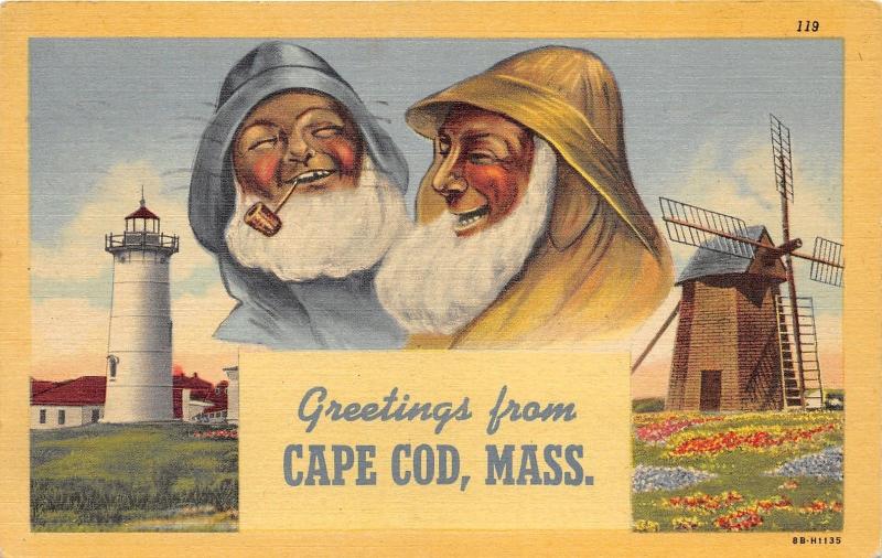 Cape Cod Massachusetts~Old Sailors-Smoking Pipe~Light House~Wind Mill~1952 Pc