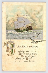 Antique Christmas Postcard from 1913 with Ship & Anchor & Seagulls  P3