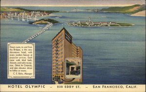 San Francisco-Oakland Bay Bridge California CA Hotel Olympic Linen Postcard