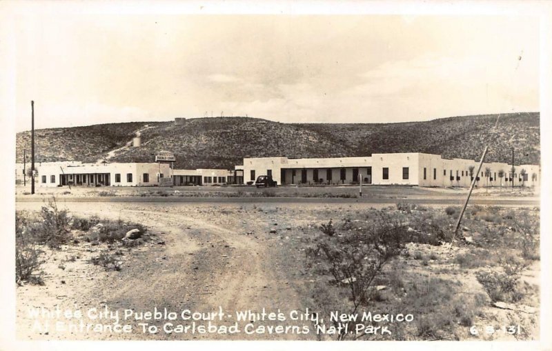RPPC WHITE'S CITY PUEBLO COURT Carlsbad Caverns, NM c1950s Vintage Postcard