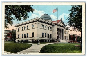 1922 Public Library Exterior Flag Rockford Illinois IL Posted Vintage Postcard