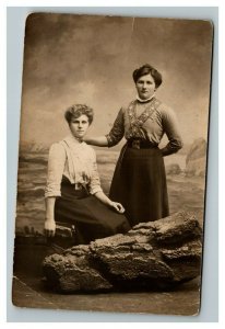 Vintage 1910's RPPC Postcard - Studio Portrait Mother & Daughter Fake Landscape