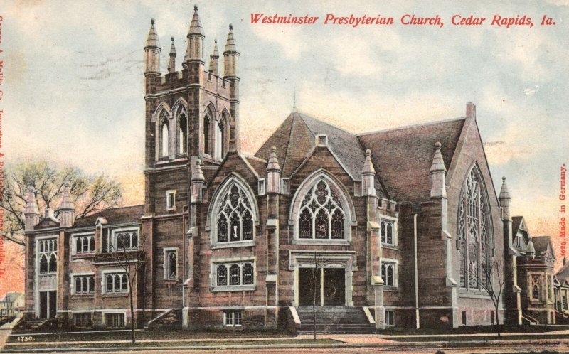 1908 Westminster Presbyterian Church Cedar Rapids Iowa IA Posted Postcard