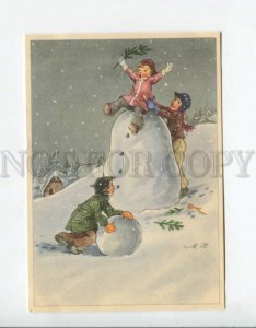 3080355 WINTER Kids making SNOWMAN vintage Color PC