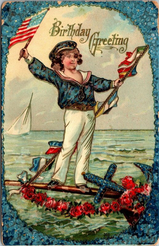 ANTIQUE EMBOSSED BIRTHDAY YOUNG Patriot Flag Child made in Germany POSTCARD 