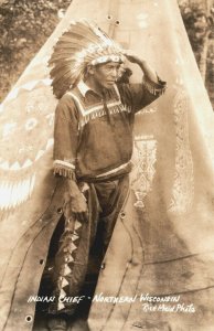 USA Indian Chief Northern Wisconsin Rice Maid Photo Native American RPPC 03.98