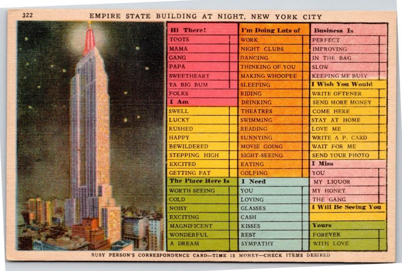 Empire State Building at Night with Busy Person Correspondence checklist