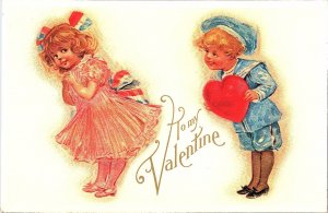 To My Valentine with Children & Heart Sailor Suit Vintage Lithograph Postcard