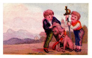 Vintage 1890's Victorian Trade Card - Children with Sword Dog on Leash Farmhouse