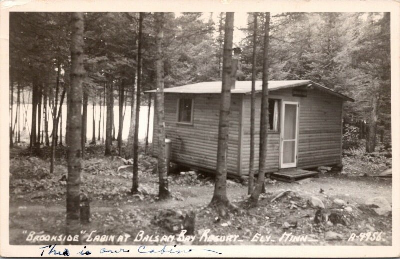 Real Photo Postcard Brookside Cabin at Balsam Bay Resort in Ely, Minnesota