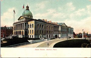 State House Boston Massachusetts American Flag Street View WOB Vintage Postcard 