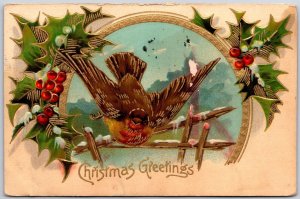 1910's Christmas Greetings Bird Green Leaves Posted Postcard