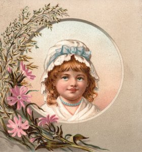 1880s-90s Young Girl in White Dress and White Bonnet Hat Blue Ribbon Trade Card