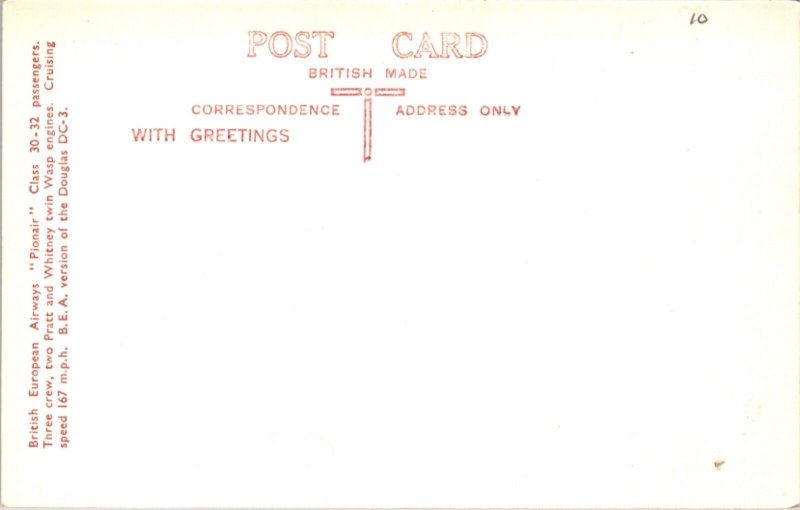 Real Photo Postcard British European Airways Pionair Class Aeroplane