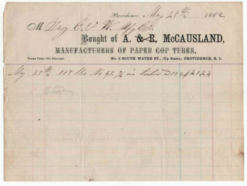 1862 Billhead, A. McCAUSLAND, Paper Cop Tubes, Providence, Rhode Island