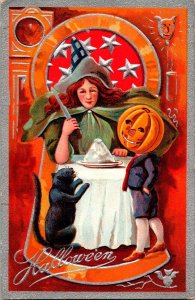 Vintage 1910's Witch, Knife, Cat, Dinner Table & Pumpkin Boy Halloween Postcard