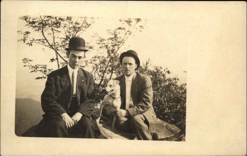 Handsome Young Men w Dog REAL PHOTO c1910 Postcard